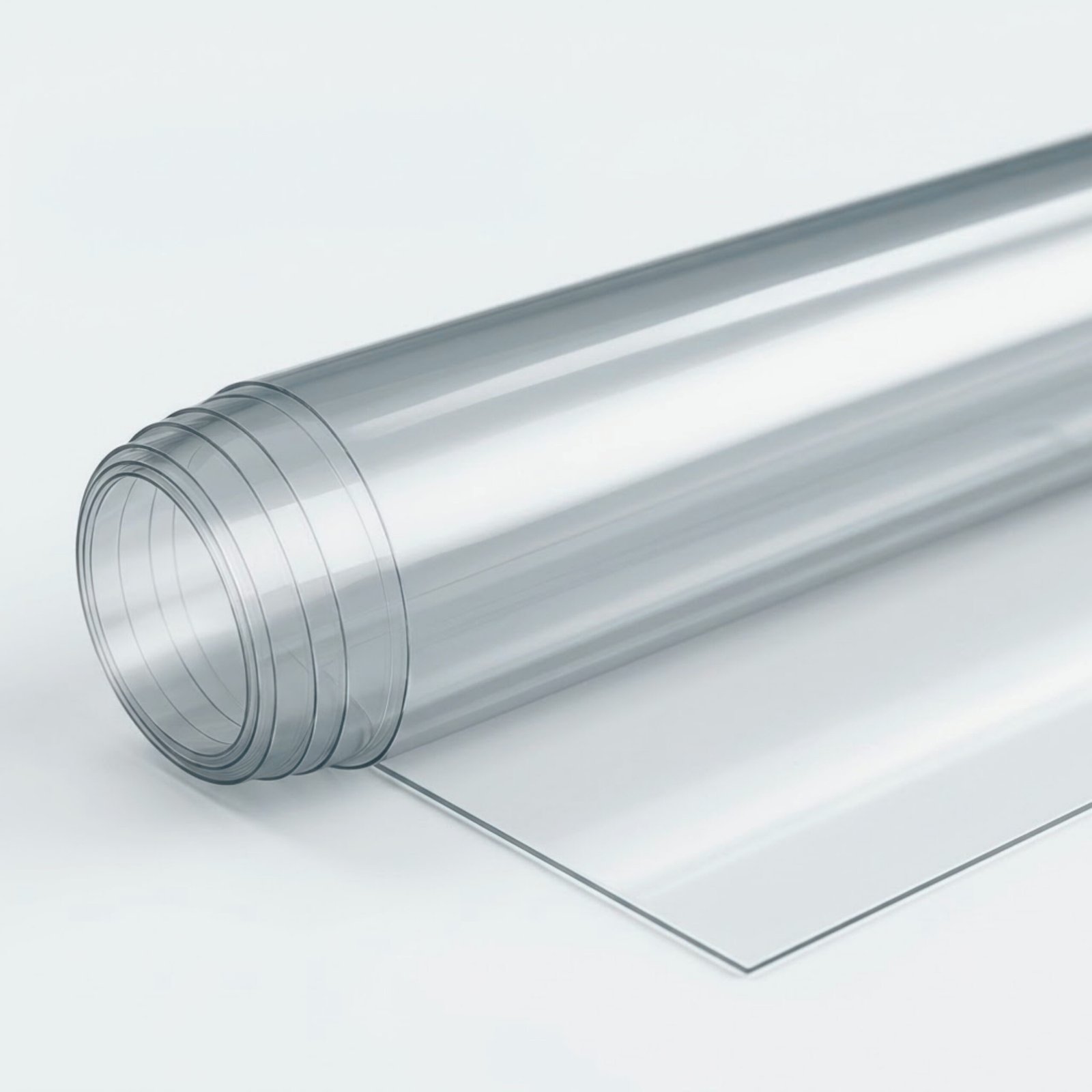 Lámina de PVC transparente flexible enrollada utilizada para fabricación de productos plásticos y protección documental.